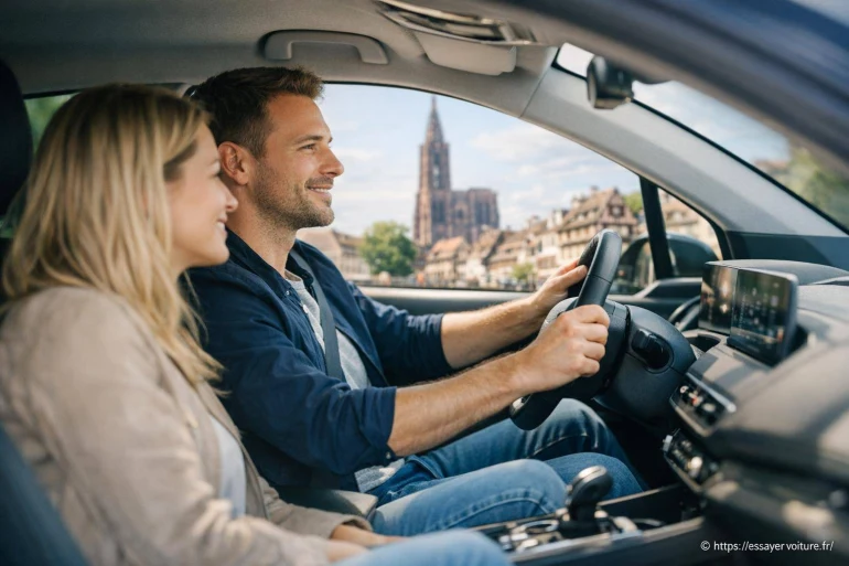 Couple souriant conduisant voiture ville historique